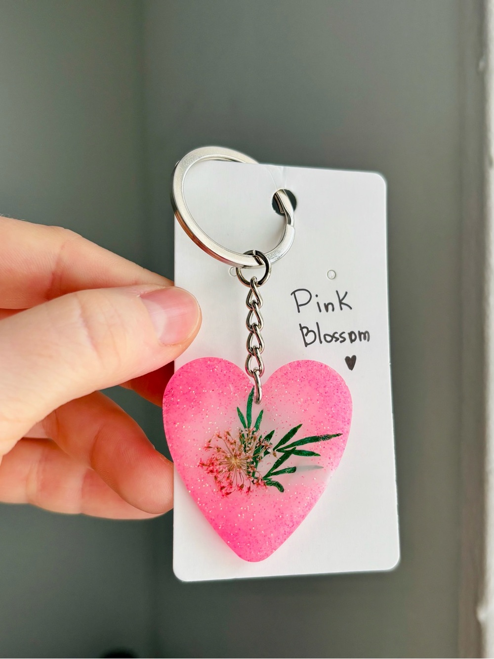 Pink Blossom Resin Heart Keychain Handmade Real Dried Flower Botanical Charm